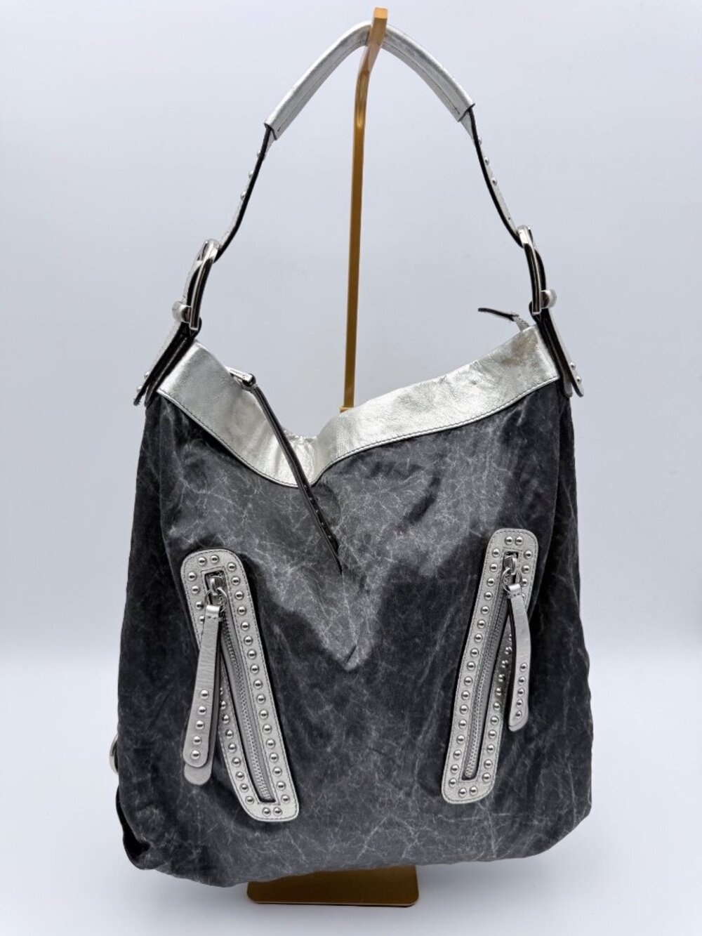 B. Makowsky Silver & Gray Hobo Bag With Studded Zipper Accents Adjustable Strap